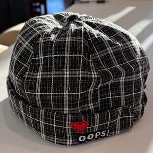 Oops Brimless Black Plaid Hat with Red Heart Patch